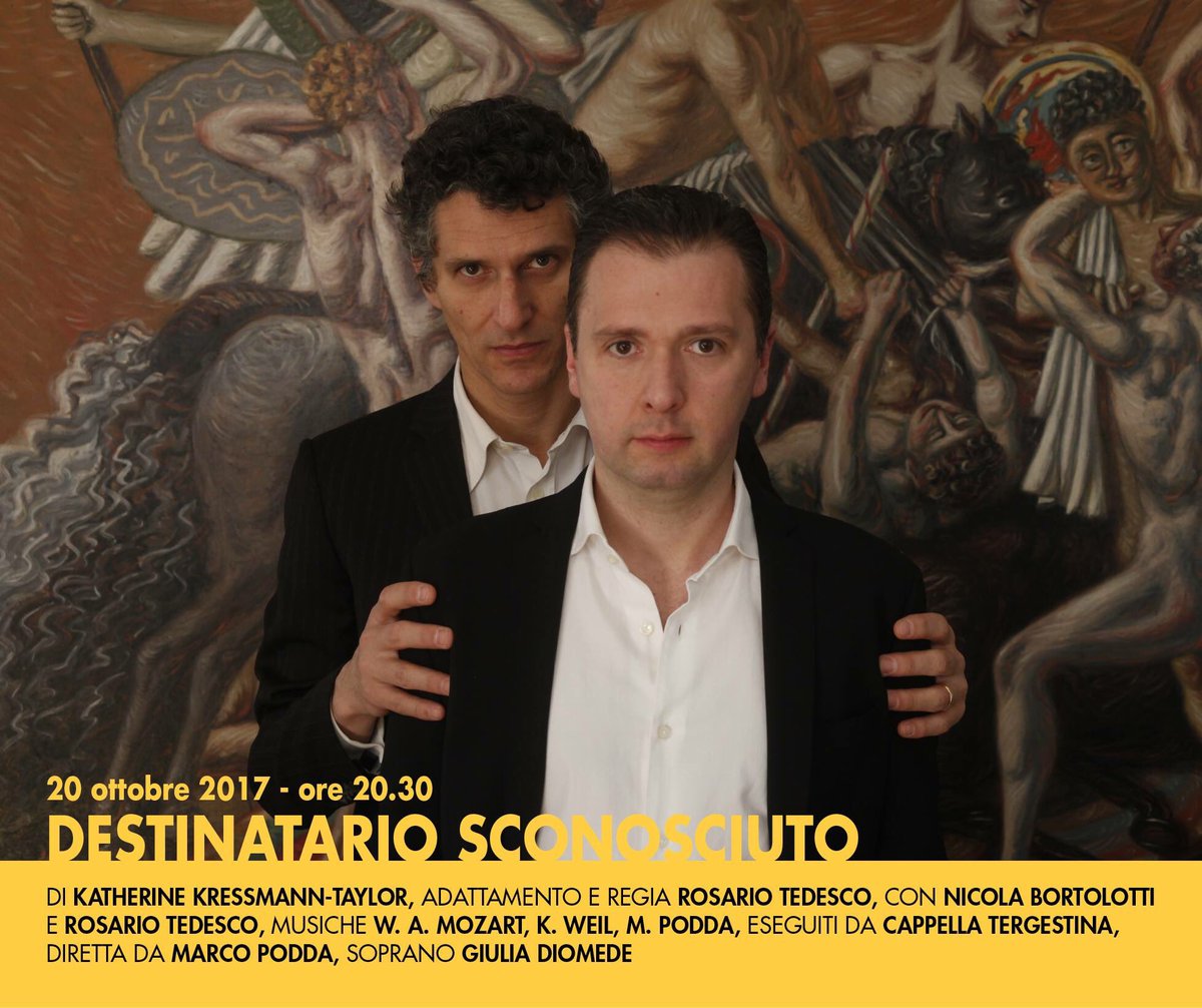 giuliadiomede's tweet photo. Venerdì sera a Muggia per DESTINATARIO SCONOSCIUTO! #rosariotedesco #nicolabortolotti #cappellatergestina #marcopodda #teatroverdimuggia https://t.co/jrb4AffY8v