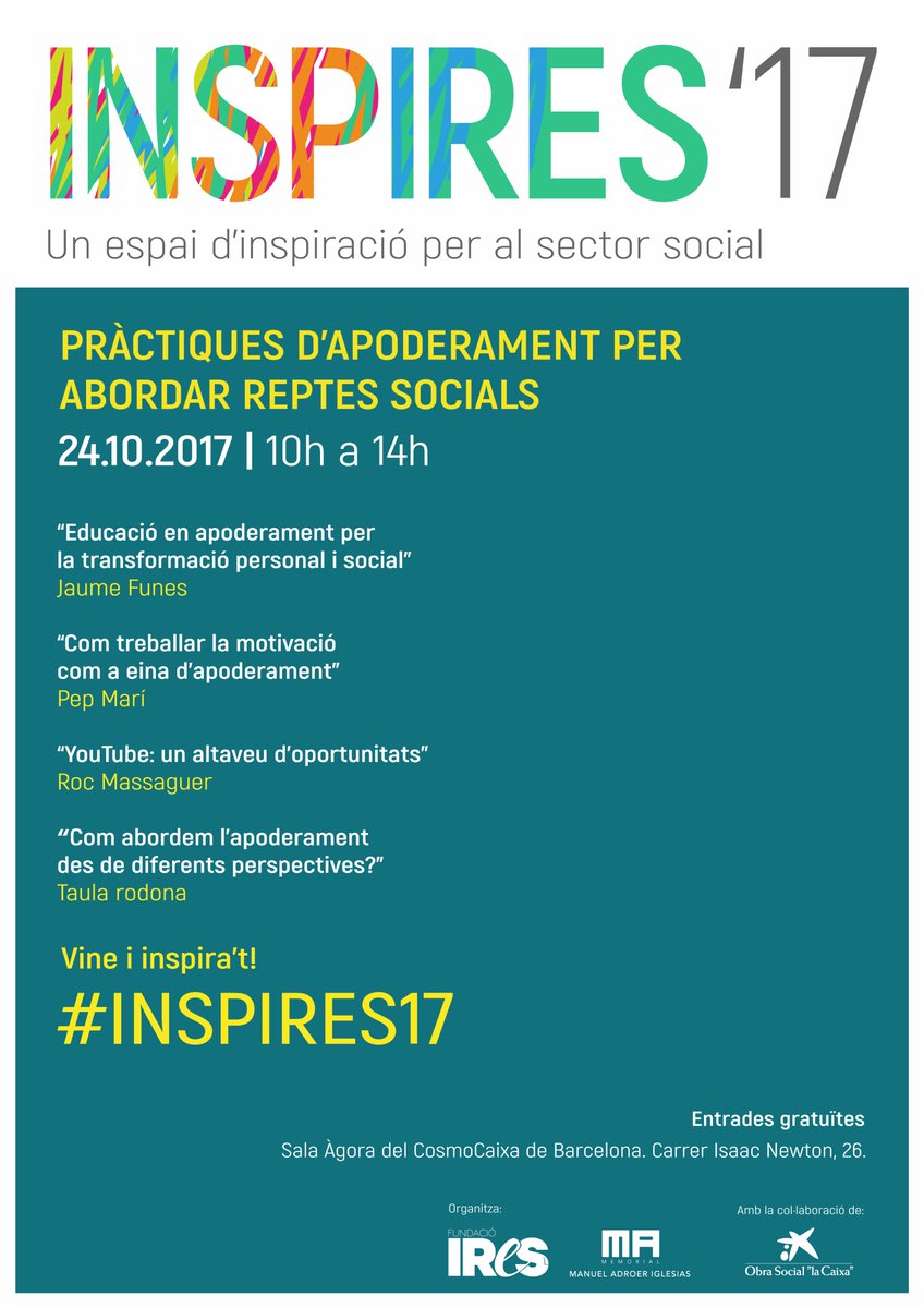 fundacioires's tweet photo. L’apoderament uneix a @JaumeFunes @pepmari4 i @Outconsumer a #INSPIRES17 el 24 d'octubre. Inscripció gratuïta a: https://t.co/MAv0YJX4CU https://t.co/Qy18lYZILe