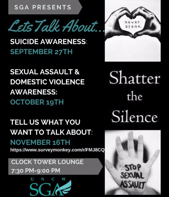 uncwsga's tweet photo. Our next Let's Talk About... regarding sexual assault and domestic violence Is tonight at 7:30pm. Hope to see you there! https://t.co/P1ARFMLJpz