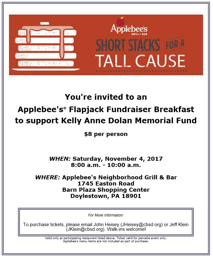 Nov 4, 8-10am: Come help <a href="/CBTamanendMS/">Tamanend MS</a>  raise money for <a href="/DolanFund/">Dolan Fund</a> at Applebee's in DTown. Buy tix ahead or walk in! #cbsd