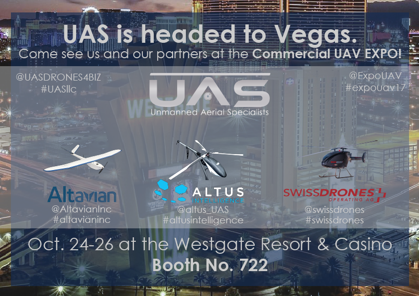 UASDRONES4BIZ's tweet photo. We're headed to Vegas! Come see at @ExpoUAV Booth 722 Oct 24-26. #uavexpo17 #altusintelligence #altavianinc #swissdrones #UASllc https://t.co/f49Oesa1Qk
