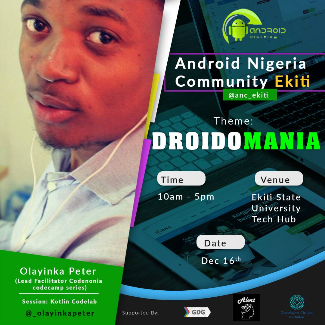 anc_ekiti's tweet photo. Know this awesome developer? If u don't, here's an opportunity to! Codelab session with @_olayinkapeter #anc_ekiti #droidomania #androidngr https://t.co/JVYejSMz1E