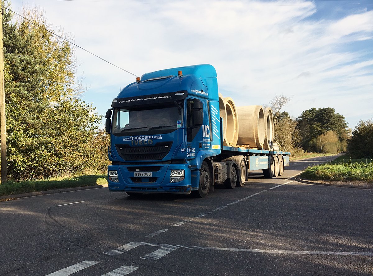 FPMcCann's tweet photo. Large diameter precast pipes leaving our Ellistown depot for on-site delivery. #OffsiteSolutions #ThinkingPrecastThinkFPMcCann https://t.co/fUV6gCTuCP
