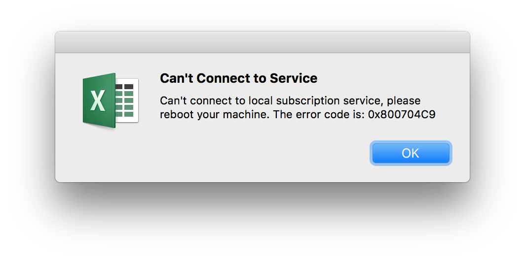Excel error message telling me to reboot my machine.