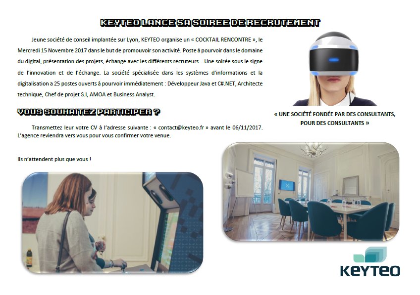 KEYTEO organise une soirée de rencontres le 15 novembre au soir à Lyon. Envoyez nous un mail à contact@keyteo.fr afin d'y participer.