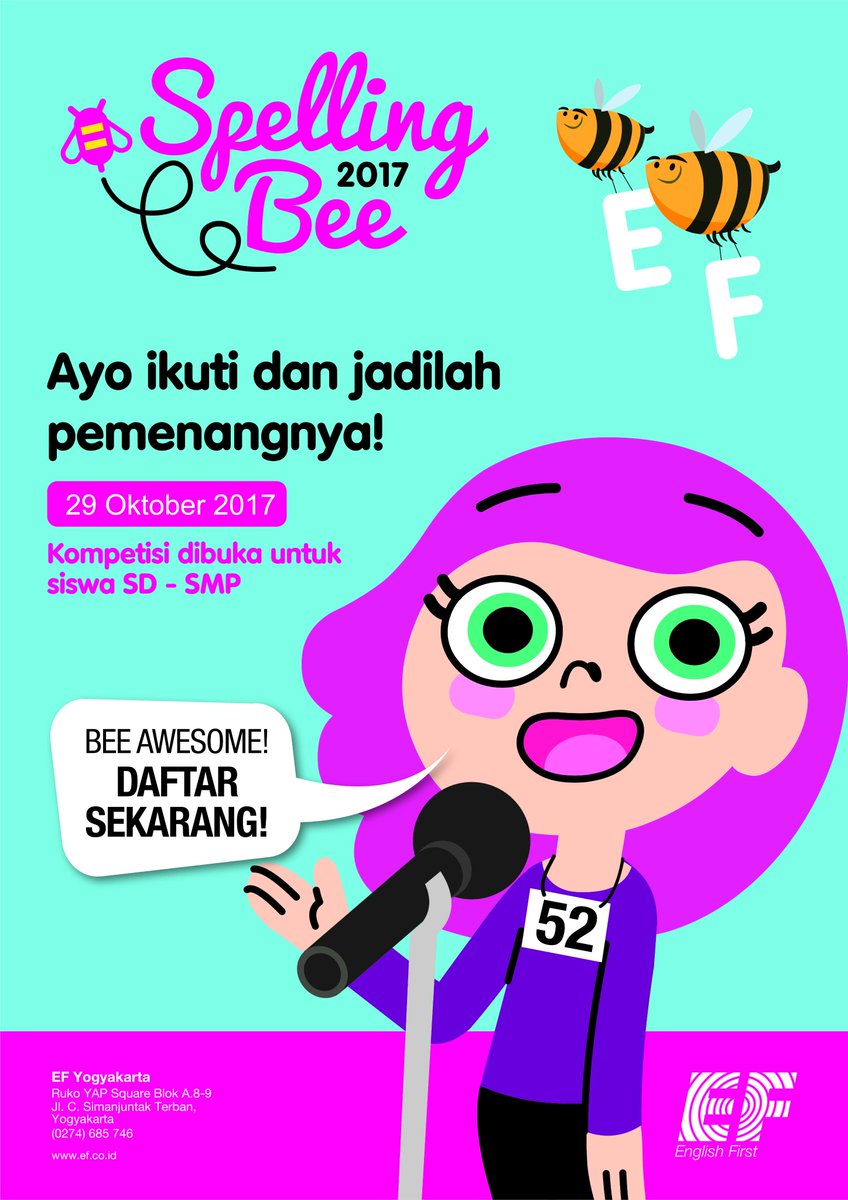 29/10/17 08.00 Spelling Bee Competition 2017 di EF Yogyakarta 150k (Non EF Student) 100k (EF Student) <a href="/EFyogyakarta/">English First Yogya</a> <a href="/JogjaUpdateCom/">JogjaUpdate.COM</a>