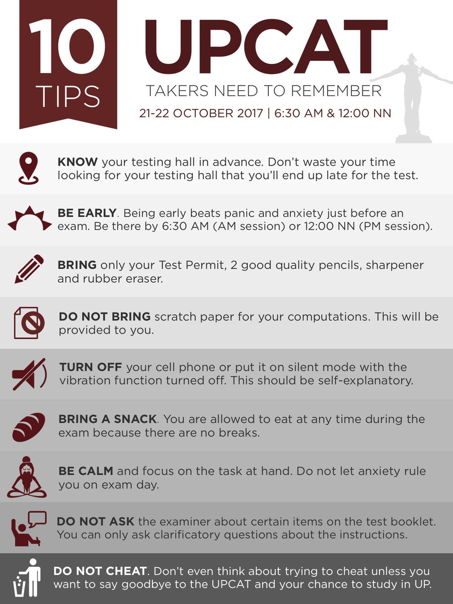 upsystem's tweet photo. Here are some tips to keep in mind when taking the #UPCAT2017. Share your own tips to examinees by quoting this post and using #UPCATTips! https://t.co/h4hEYoKjqt