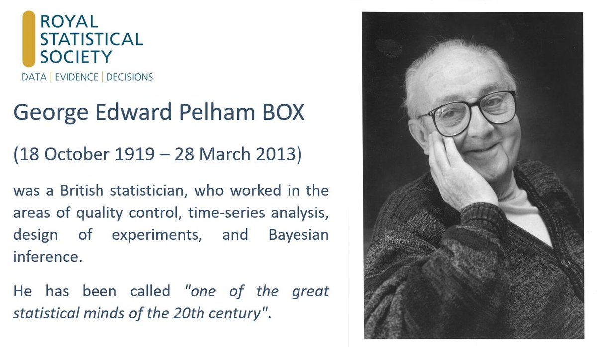 HistoryofStats's tweet photo. #HappyBirthday George BOX (18 Oct '19 - 28 Mar '03) one of the great statistical minds of the 20th century #Stats #Bayesian #StatsHistory https://t.co/yOtYpWPQYl