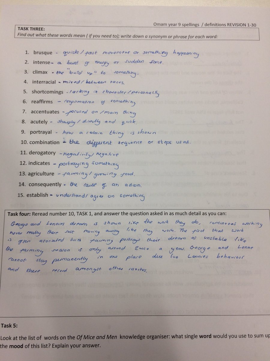 UoBSchool_Eng's tweet photo. Using vocab and definitions  tests to inform writing on ‘Of Mice and Men’ - well done Laurence, Malaika, Aisha and Finn! (1/2) https://t.co/0r1GmzEFO3