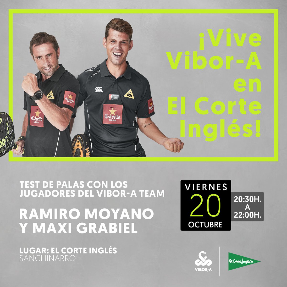 ¡Vive Vibor-A en El Corte Inglés!
Test de palas con: <a href="/RamiMoyano/">Ramiro Moyano Toledo</a>
&amp; <a href="/maxigrabiel/">Maxi Grabiel</a> Viernes 20 de 20:30h a 22:00h.
#vibora4you #viborateam
