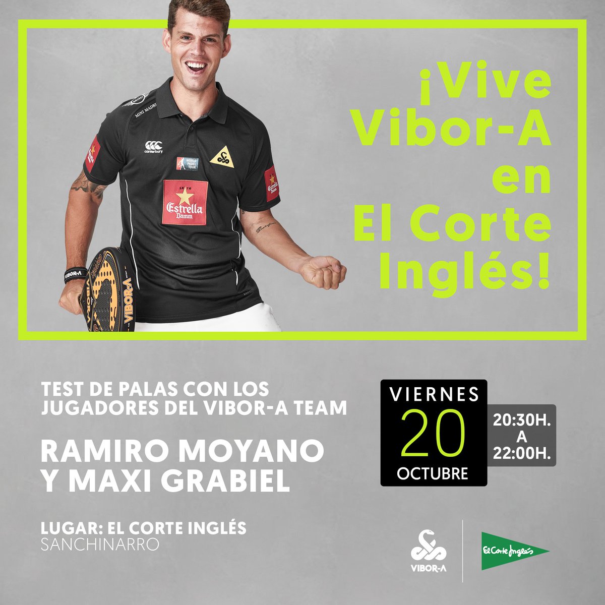 ¡Vive Vibor-A en El Corte Inglés!
Test de palas con: <a href="/RamiMoyano/">Ramiro Moyano Toledo</a>
&amp; <a href="/maxigrabiel/">Maxi Grabiel</a> Viernes 20 de 20:30h a 22:00h.
#vibora4you #viborateam