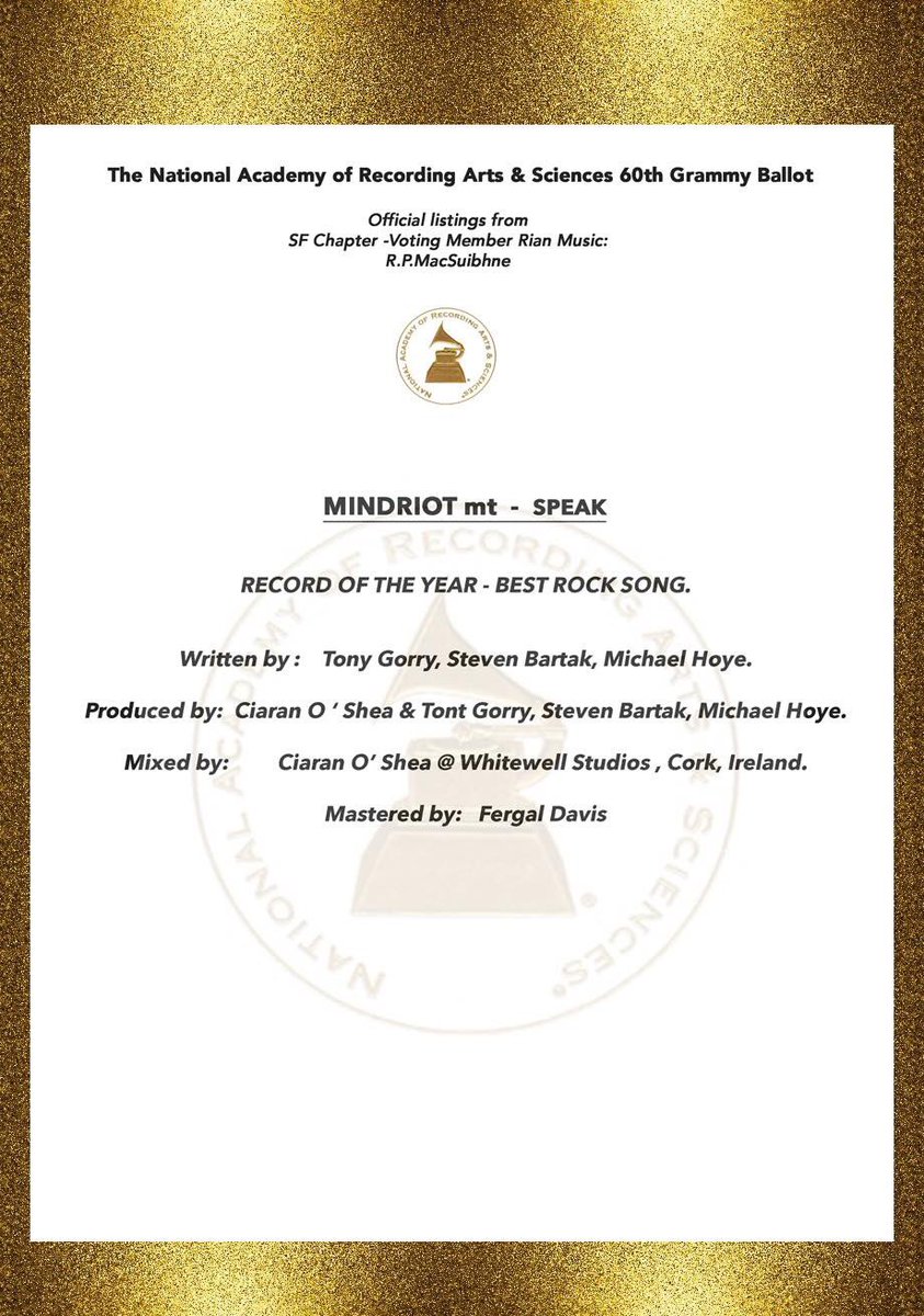 our single “Speak”, officially in the Ballot for the Grammy awards \m/
<a href="/hotpress/">Hot Press</a> <a href="/TodayFM/">Today FM 💛</a> <a href="/RTE2fm/">RTÉ 2FM</a> <a href="/KerrangMagazine/">Kerrang!</a> 

m.youtube.com/watch?v=eEWwU8…