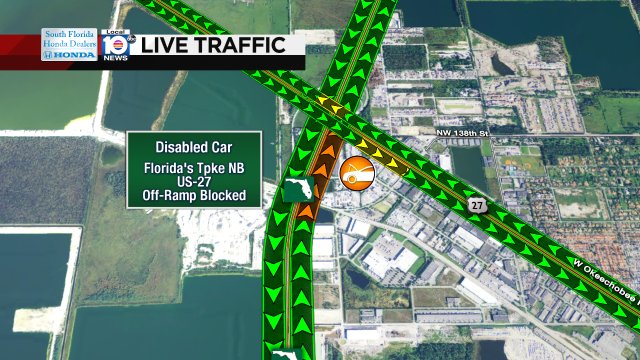 DISABLED CAR: Florida's Tpke NB & US-27. Off-ramp is blocked. #TRAFFIC #MIAMI https://t.co/nxA9u9xXrE
