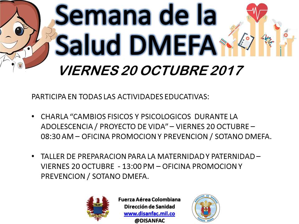 JEFSAFAC's tweet photo. Prográmate #DMEFA @FuerzaAereaCol Semana de la Salud Inscripciones en la línea #PyDFAC 3144885874 o en el stand del sótano del Dispensario https://t.co/6FtNUB3nhT
