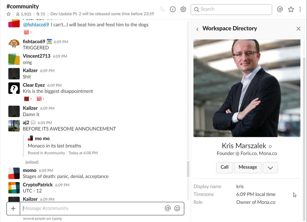 ImmutableEight's tweet photo. The mood on $MCO Slack: people want to lynch the CEO 
 of @monaco_card. Go @Kris_HK  and make them happy :) https://t.co/Sq6I5kP9ww