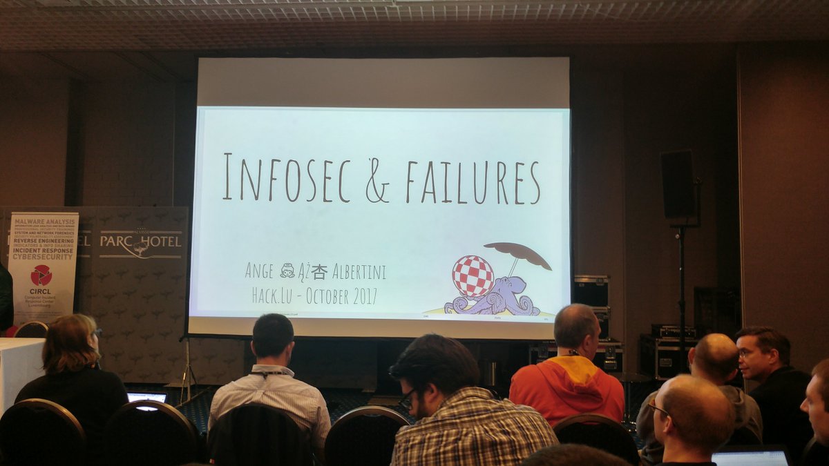 c1t's tweet photo. Fantastic keynote from @angealbertini at #hacklu2017 about infosec and failure. Beautiful slides as well. https://t.co/kfG7JYdOhg