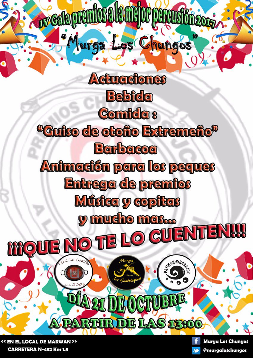 murgaloschungos's tweet photo. IV edición #PremiosJC a la mejor percusión el Sábado apartir de las 13h.
¡NOVEDAD! Este año contamos con CASTILLO HINCHABLE para los peques. https://t.co/sWCzxK9OGL