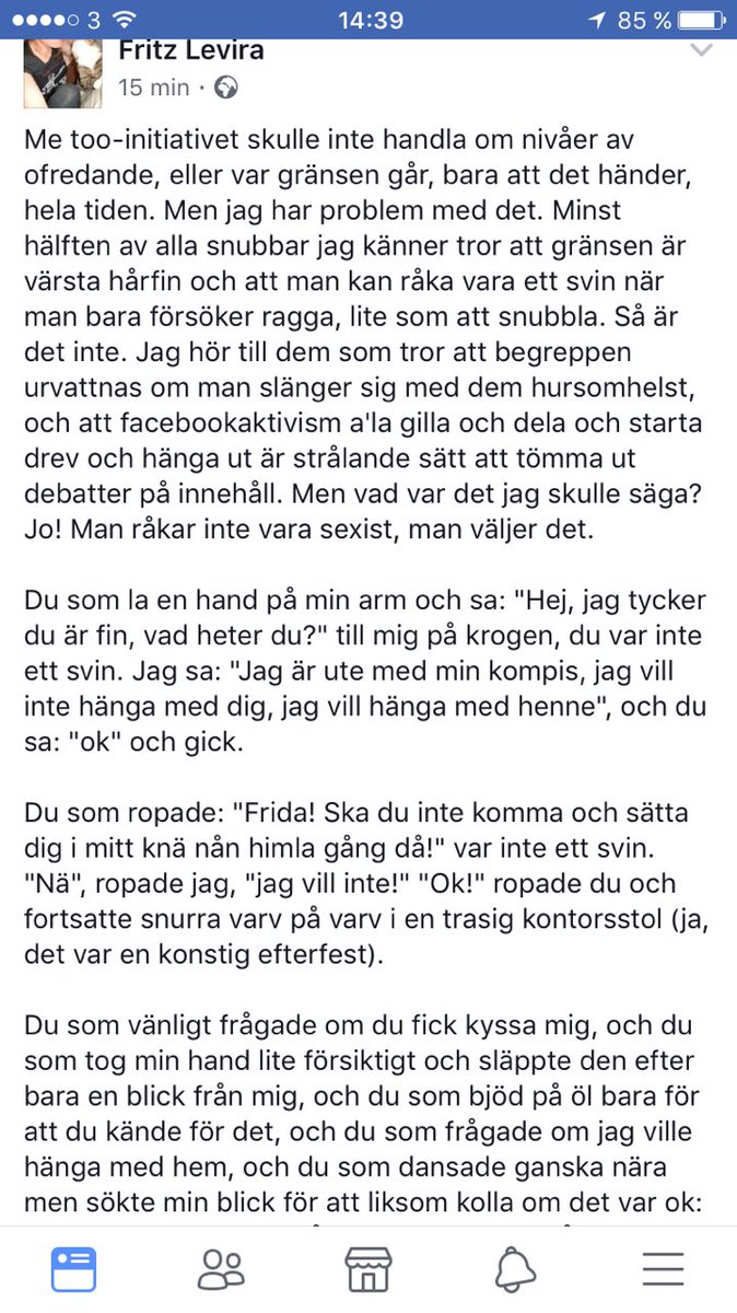AlltGenast's tweet photo. Kolla vad fint och bra en jag inte alls känner skrev på FB om #metoo och var gränsen går! (Öppen status, så jag behåller namnet här) https://t.co/LALMvAkfJ7