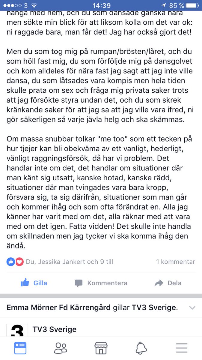 AlltGenast's tweet photo. Kolla vad fint och bra en jag inte alls känner skrev på FB om #metoo och var gränsen går! (Öppen status, så jag behåller namnet här) https://t.co/LALMvAkfJ7