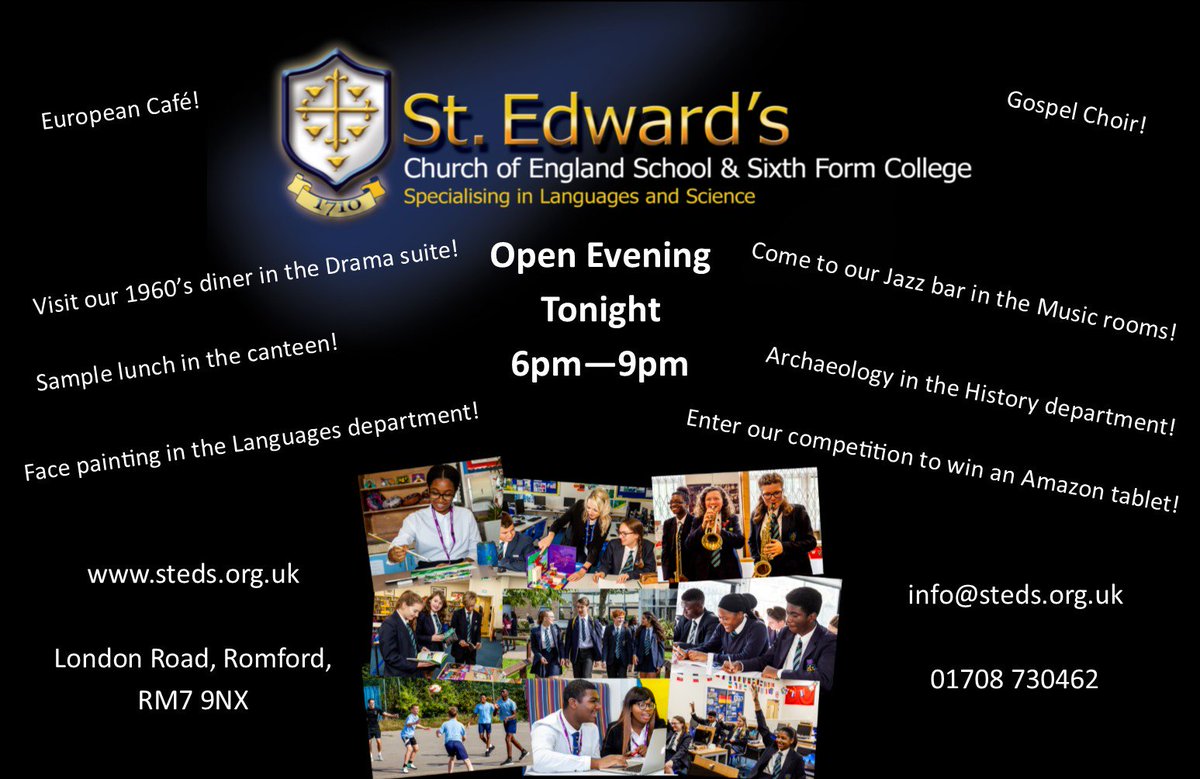 Not long to go until our Open Evening tonight! Come and see what St Edward's has to offer. 

Reminder - students finish at 2.05pm today.