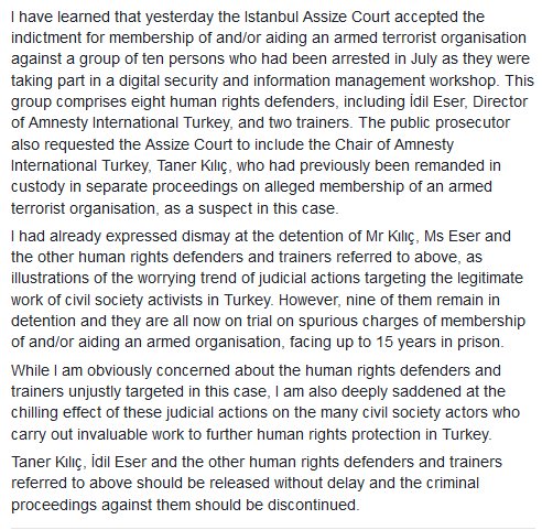 Dismayed at confirmed indictment of HRDefenders in #Turkey - Amnesty's Kılıç + Eser + others should be released w/o delay + charges dropped