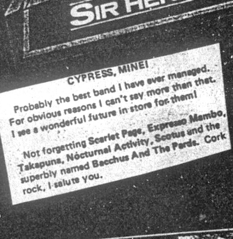 Sunny Days 
Morty's #zine, #Cork 1990

Cypress, Mine!

Scarlet Page
Espresso Mambo
Takapuna
Nocturnal Activity
Scotus
Bacchus and the Pards