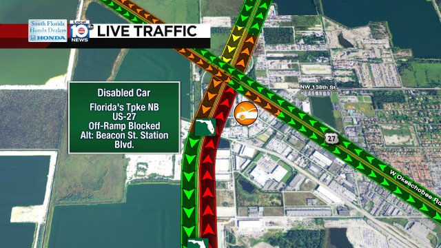 UPDATE: Florida's Tpke NB & US-27 a crash & disabled car has the off-ramp blocked at US-27. Alt. Beacon St. Station. https://t.co/HN5w1WFuJ0