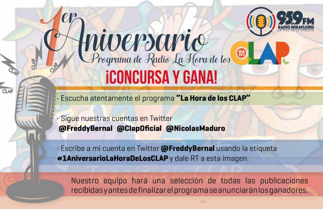 FreddyBernal's tweet photo. Buenos días compatriotas, hoy cumplimos 1año al aire en @FmMiraflores desde su programa radial la #HoraDeLosClap participa y gana! https://t.co/ScbJab0YbG