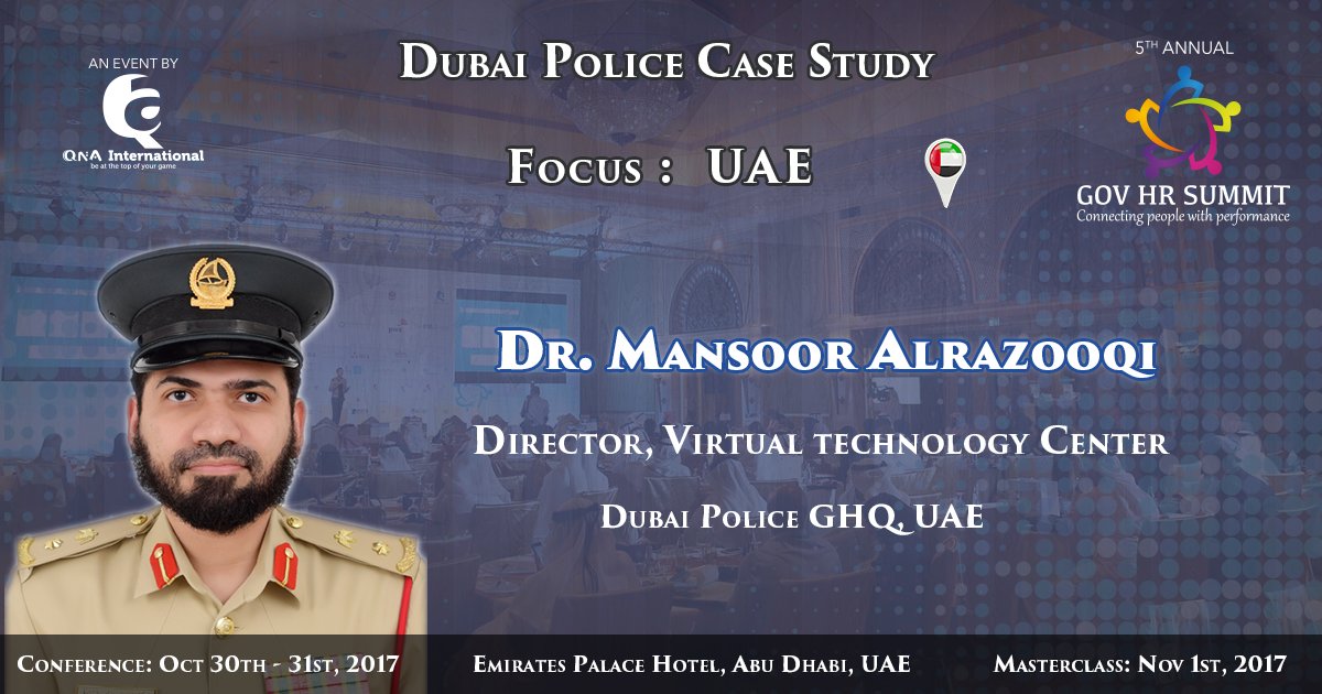 GCCGovHR's tweet photo. Focussing on UAE, we have @mansoordxb, @DubaiPoliceHQ coming forward to help us understand a #DubaiPolice case study at the #GovHRSummit! https://t.co/yxP34ZkpD8