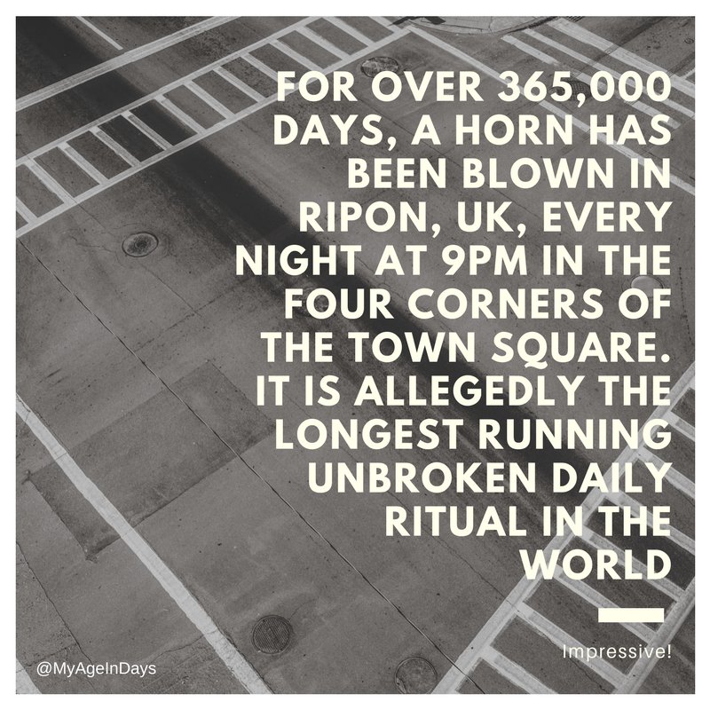 Age_In_Days's tweet photo. For over 365,000 days, a horn has been blown in Ripon, UK, every night at 9pm in the four corners of the town square. #ritual #tradition https://t.co/qZyOmLggdC