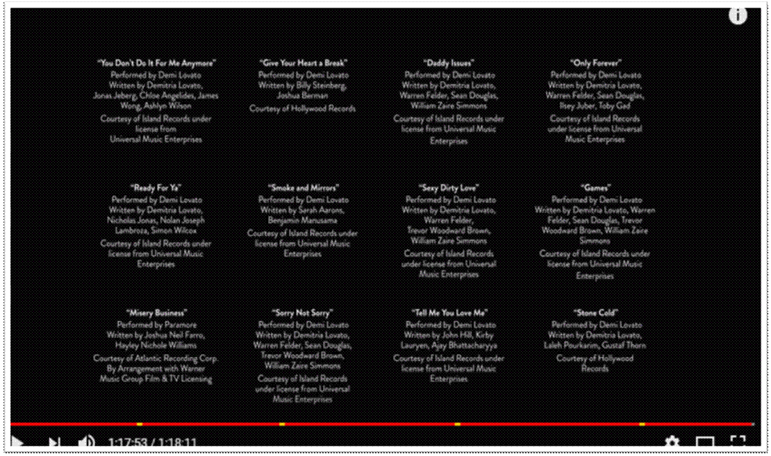 BrooklynJane97's tweet photo. Did anyone else notice that in the credits where they listed the featured songs, they spelt her name wrong? #Demitria #SimplyComplicated https://t.co/tv1jwB2Ian