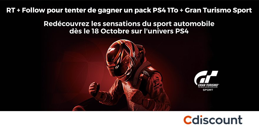 Cdiscount's tweet photo. 🎁 #Concours

Pack PS4 1To + #GTSport gagner > https://t.co/QlQPgSLOEk

📅  Pour participer
RT + Follow @Cdiscount

📢 TAS 25/10 https://t.co/kStr7NHcUB
