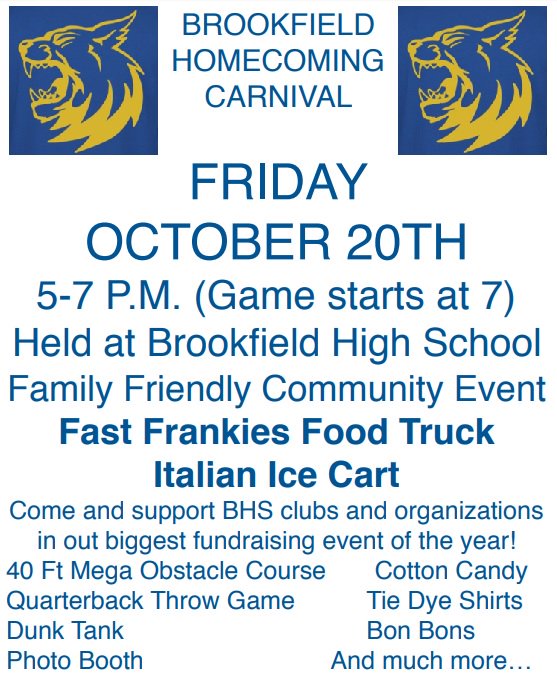 Brookfield Homecoming Carnival!  Don't Miss Out this Friday, 10/20 from 5 - 7 PM!