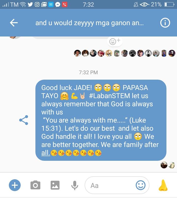 schereherezade9's tweet photo. Mahal na mahal ko tung section na 'to kahit minsan ginagalit niyo ko 🙄😡 I hate u guys charrr. #LabanSTEM GOOD LUCK JADE 😘 AJA!!!!!!🤘💪 https://t.co/jDmvzoYMr6