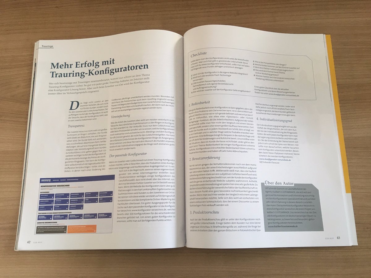 kaliber5's tweet photo. Managing Director of @kaliber5 CUSTOMMADE Ulf Schmidt-Dumont is writing in new U.J.S. mag about configurators 👍 #expert #produktkonfigurator https://t.co/zVK8GwI5XZ