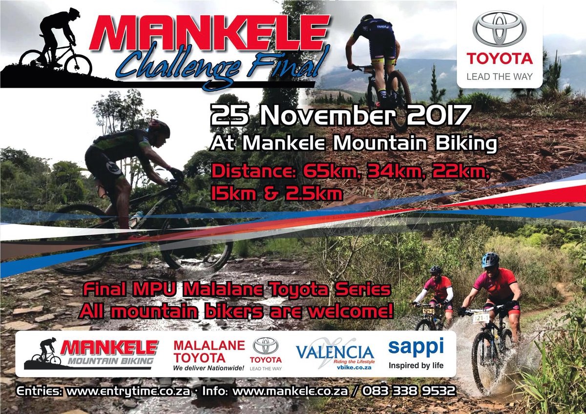 Mankele MTB (@mankelemtb) on Twitter photo Final of the MPU Series brought to you by <a href="/MalalaneToyota/">MALALANE TOYOTA</a>. 25 November see you there. <a href="/brett_mtb/">Brett Coates</a> <a href="/naeem_valencia/">Valencia</a> Final of the MPU Series brought to you by <a href="/MalalaneToyota/">MALALANE TOYOTA</a>. 25 November see you there. <a href="/brett_mtb/">Brett Coates</a> <a href="/naeem_valencia/">Valencia</a>