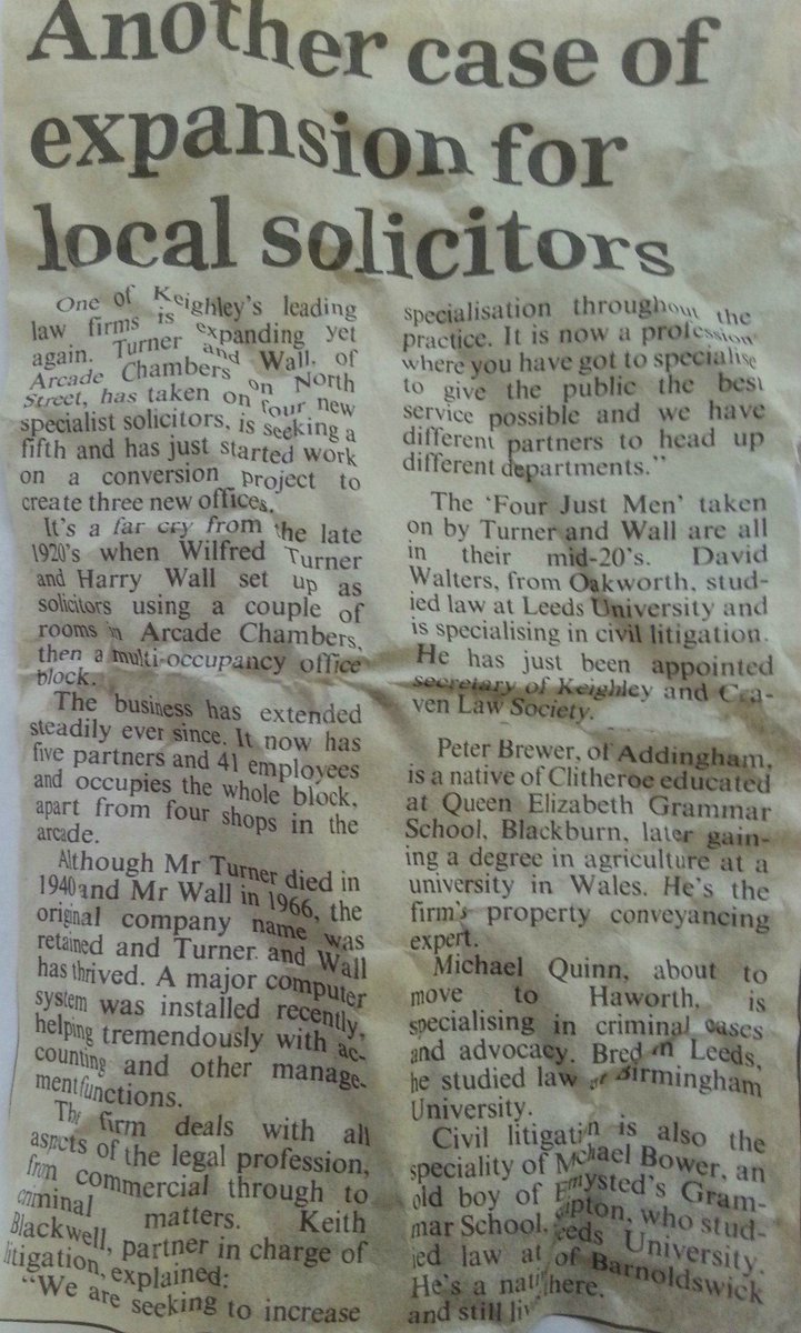 wtwsolicitors's tweet photo. Well this is a blast from WTW's past. #KeighleyNews article from 27.01.1989. Has #MichaelBower aged much?! #Keighley #Law #Litigation https://t.co/EEU4BEOghz