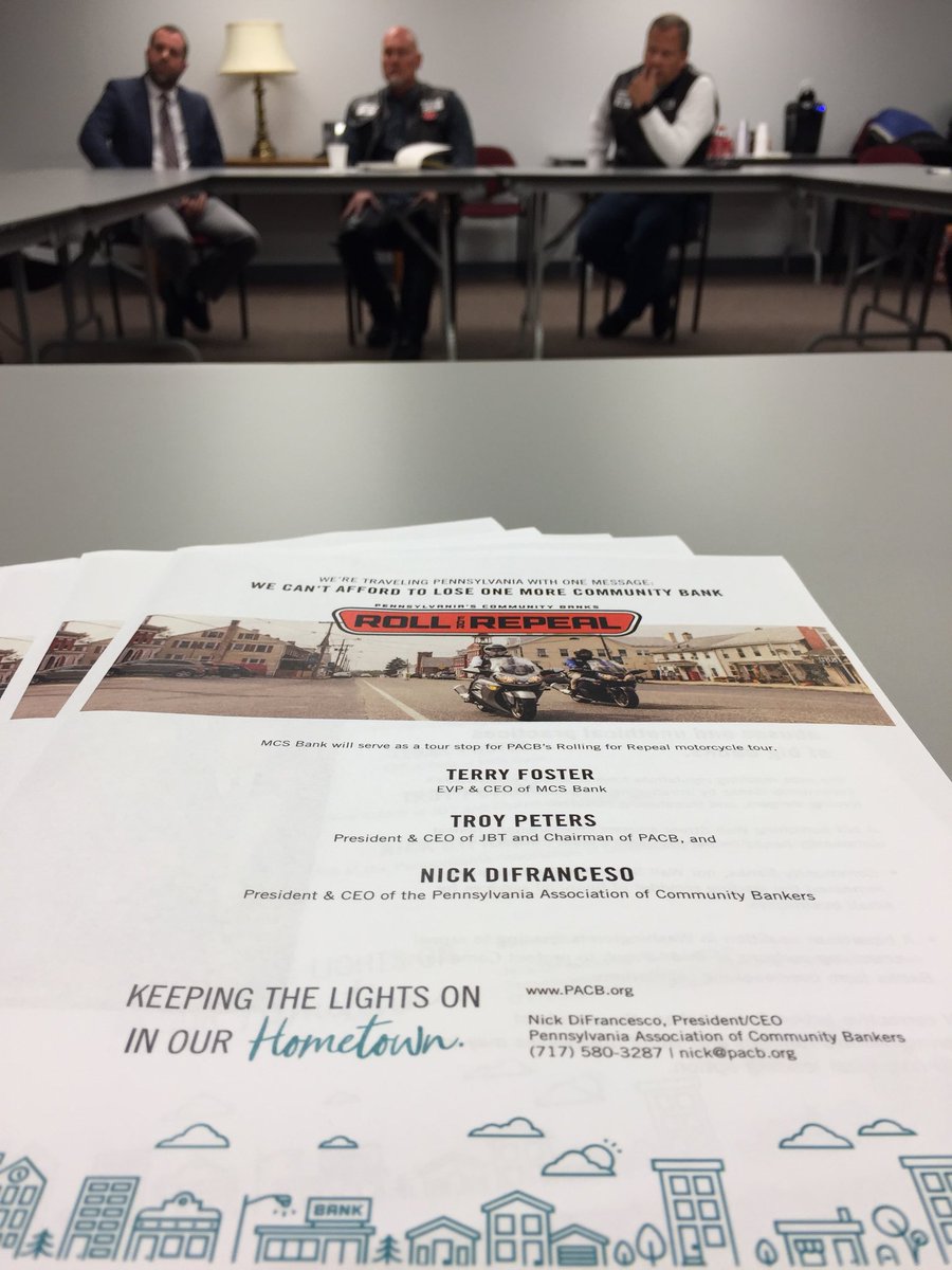 PaCommBankers's tweet photo. Gr8 convo this AM #RollingForRepeal at #MCSBank Met with bank top prospects to discuss #communitybanking & burdens from #DoddFrank! @ICBA https://t.co/BQOlichuK2