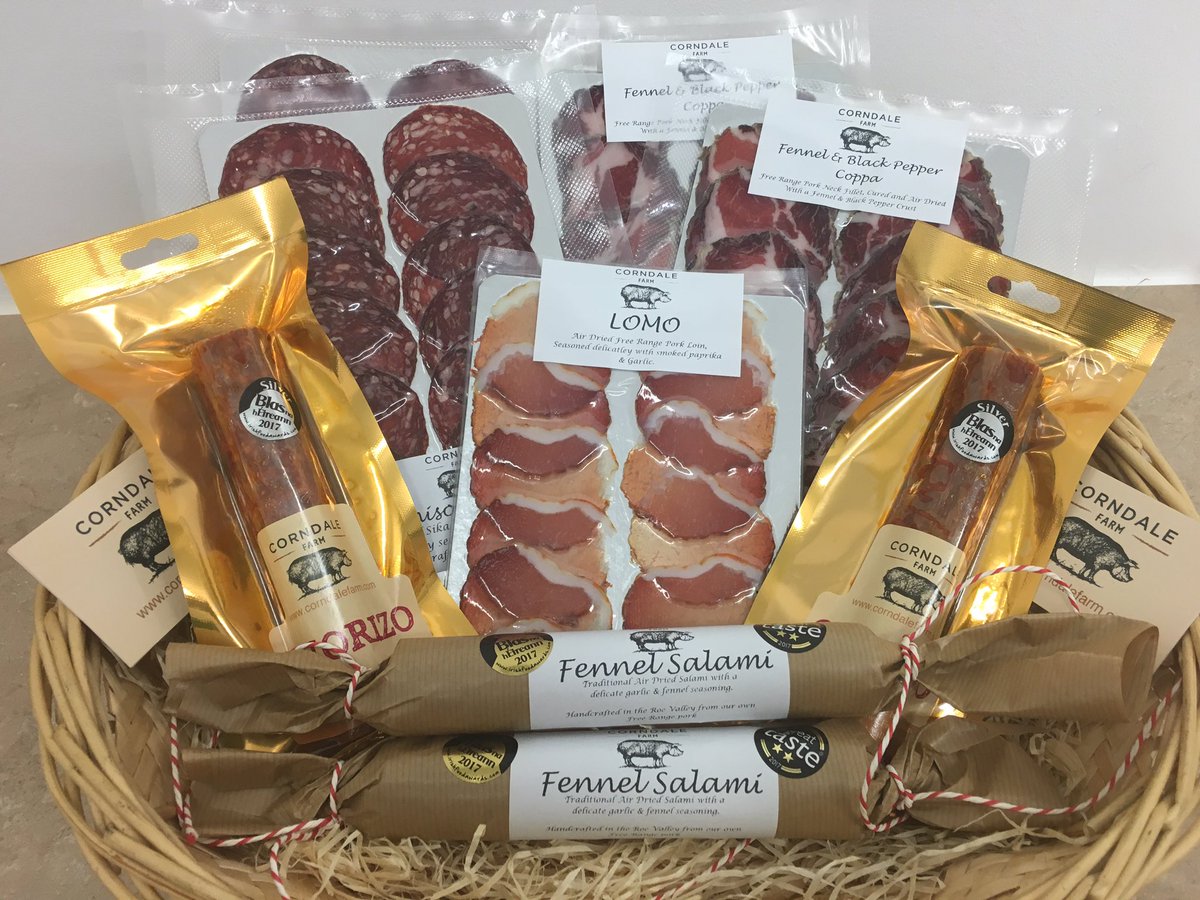 Corndalefarm's tweet photo. We are super excited for @DanskeBank_UK @FarmingLifeNI awards tomorrow night. We are donating this lovely hamper of our #FreeRange Charcuterie for the raffle. Proceeds going to @RoryBest2 charity of choice. Good luck all. #FLDBAwards17 https://t.co/D4xXrZxDHP