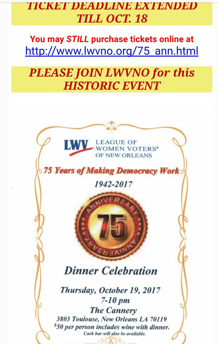 susanguidry's tweet photo. You still have time to purchase your tickets to the @lwvno  event. I will be the Master of Ceremony. https://t.co/pRMn5n45y3