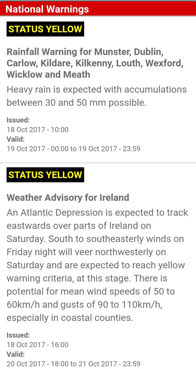 #WinterisComing Weather warnings issued by <a href="/MetEireann/">Met Éireann</a> for Fri &amp; Sat Flood prone locations also at risk during high tides <a href="/emergencyIE/">Office of Emergency Planning</a>