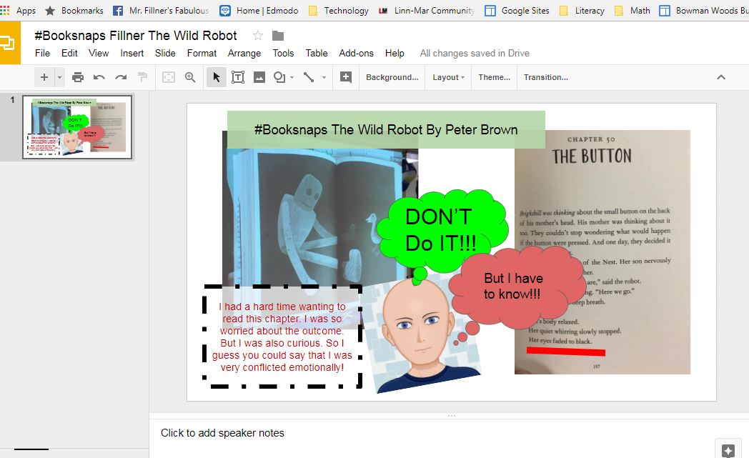sfillner's tweet image. Planning to introduce #BookSnaps next week using Google Slides since we don't have access to Snapchat docs.google.com/a/linnmar.k12.… #GRA17
