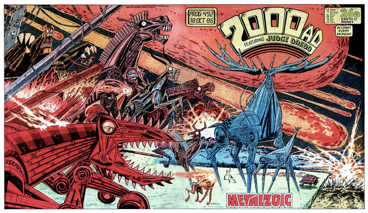 2000AD's tweet image. CLASSIC COVER: Metalzoic by Kevin O&apos;Neill for 2000 AD Prog 492 (18th October, 1986)