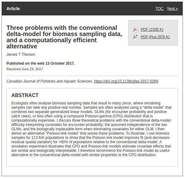 AdmbProject's tweet photo. New in @CJFAS. @thorson_esq uses #TMB to propose Poisson-link as an alternative to delta-GLM models. 
https://t.co/5b7ZW6n8Fd https://t.co/1SYdfOzJkW