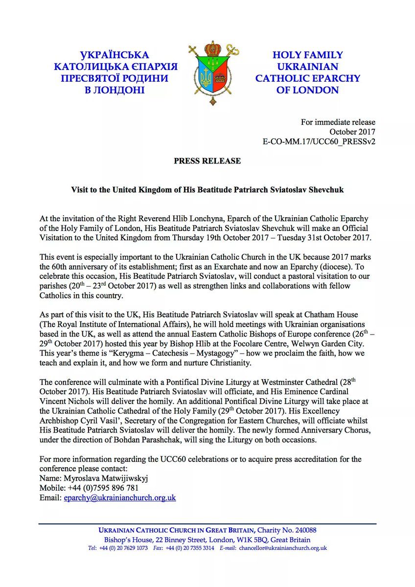#PRESSRELEASE 
Visit to the UK of His Beatitude Patriarch Sviatoslav Shevchuk 
#UCC60