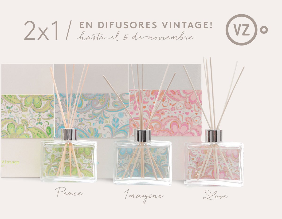2x1 EN DIFUSORES VINTAGE
Hasta el 5 de noviembre podés aprovechar el 2x1 en difusores de la linea Vintage. 
#PromoVZ