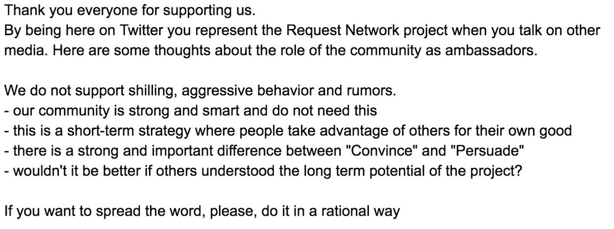 RequestNetwork's tweet photo. Thank you everyone for supporting us. 
To our community: We do not support shilling, aggressive behavior and rumors. https://t.co/zxOKpicesx