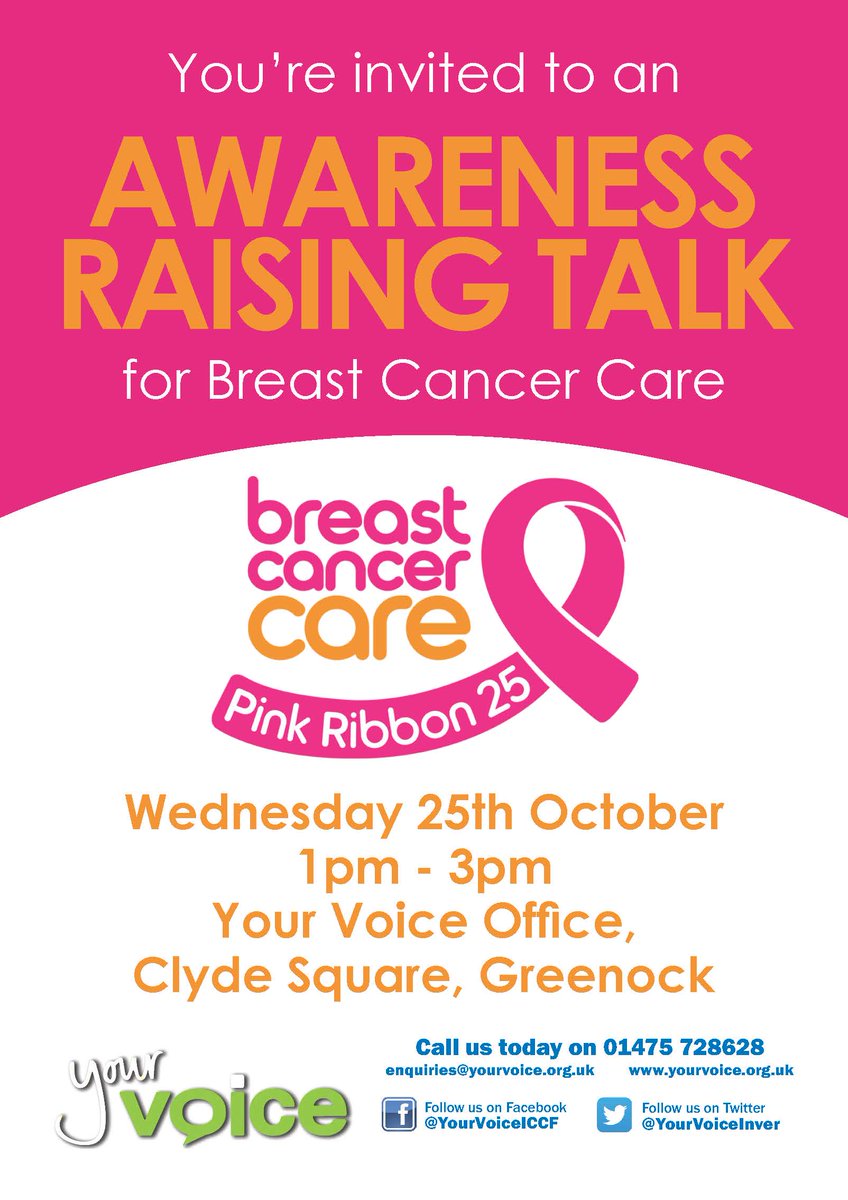 Breast Cancer Care Awareness Raising Talk <a href="/YourVoiceInver/">Your Voice Inverclyde</a> Wed 25th Oct
#BreastCancerAwarenessMonth #inverclyde #greenock
