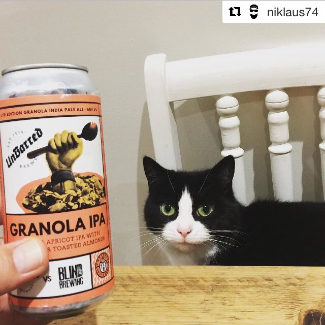 CatsOnTap's tweet photo. A balanced #beercat breakfast of @UnBarredBrewery and @blindsidebeer Granola IPA. https://t.co/iqD8Ot3rpG