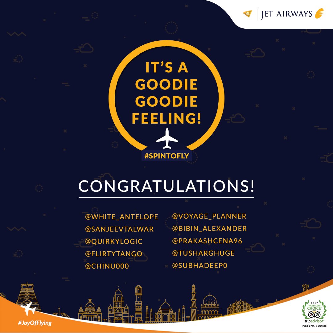 jetairways's tweet photo. You all played really well. Jet Airways goodies coming your way! Stay tuned to know whoโs the mega prize winner.
#SpinToFly #WinnerAlert https://t.co/4oCLNEOMak